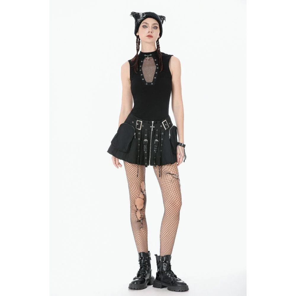Women's Punk Eyelet Strappy Big Pocket Pleated Skirt - Image 5
