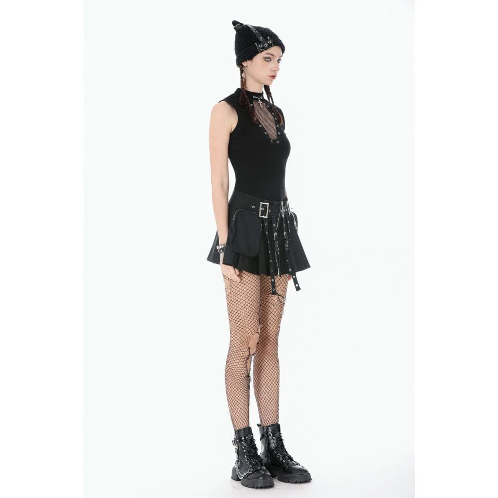 Women's Punk Eyelet Strappy Big Pocket Pleated Skirt - Image 7
