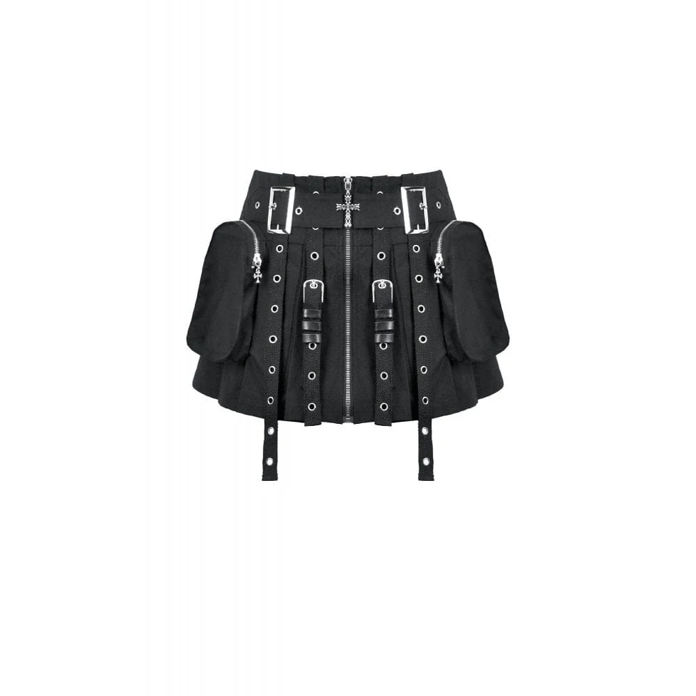 Women's Punk Eyelet Strappy Big Pocket Pleated Skirt - Image 9