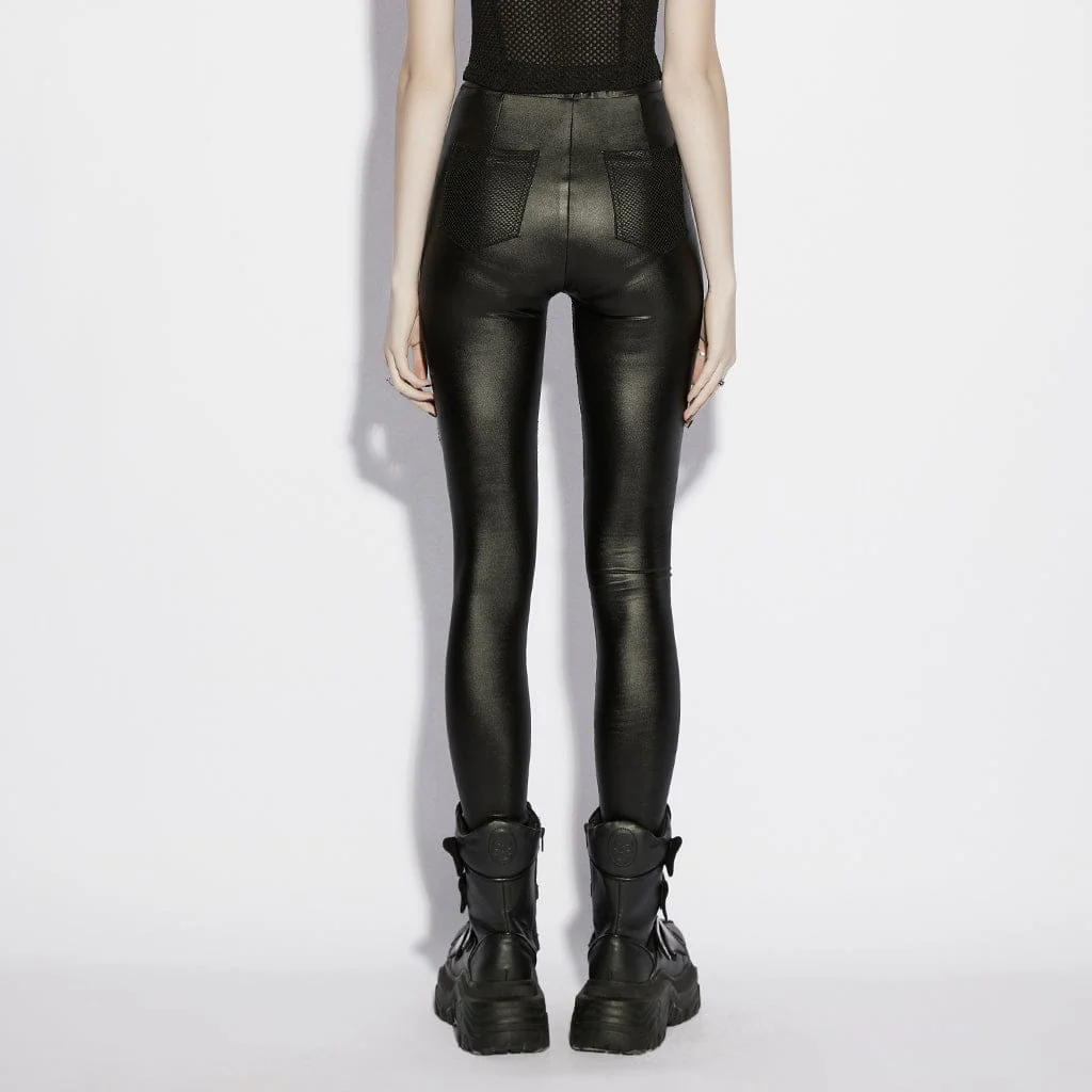 Women's Punk Eyelet&Zip Mesh Splice Leggings - Image 3