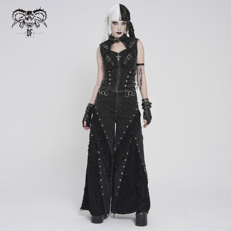 Women's Punk Eyelets Layered Ripped Pants - Image 6