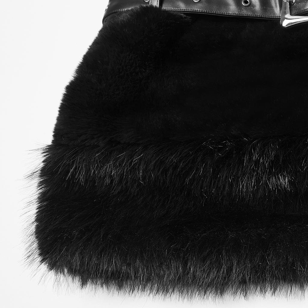 Women's Punk Faux Fur Skirt with Belt Black - Image 7