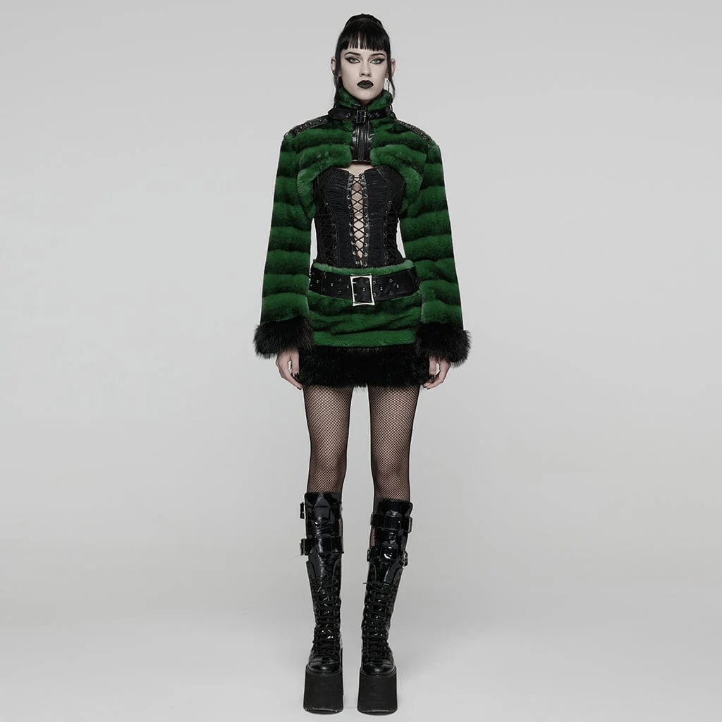 Women's Punk Faux Fur Skirt with Belt Green - Image 4