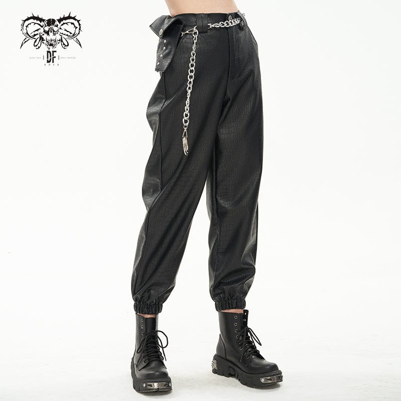 Women's Punk Faux Leather Ankle Banded Pants With Metal Chain - Image 2