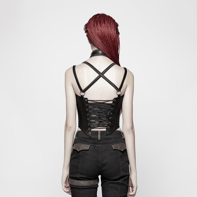 Women's Punk Faux Leather Halterneck Front Zipper Overbust Corsets - Image 3