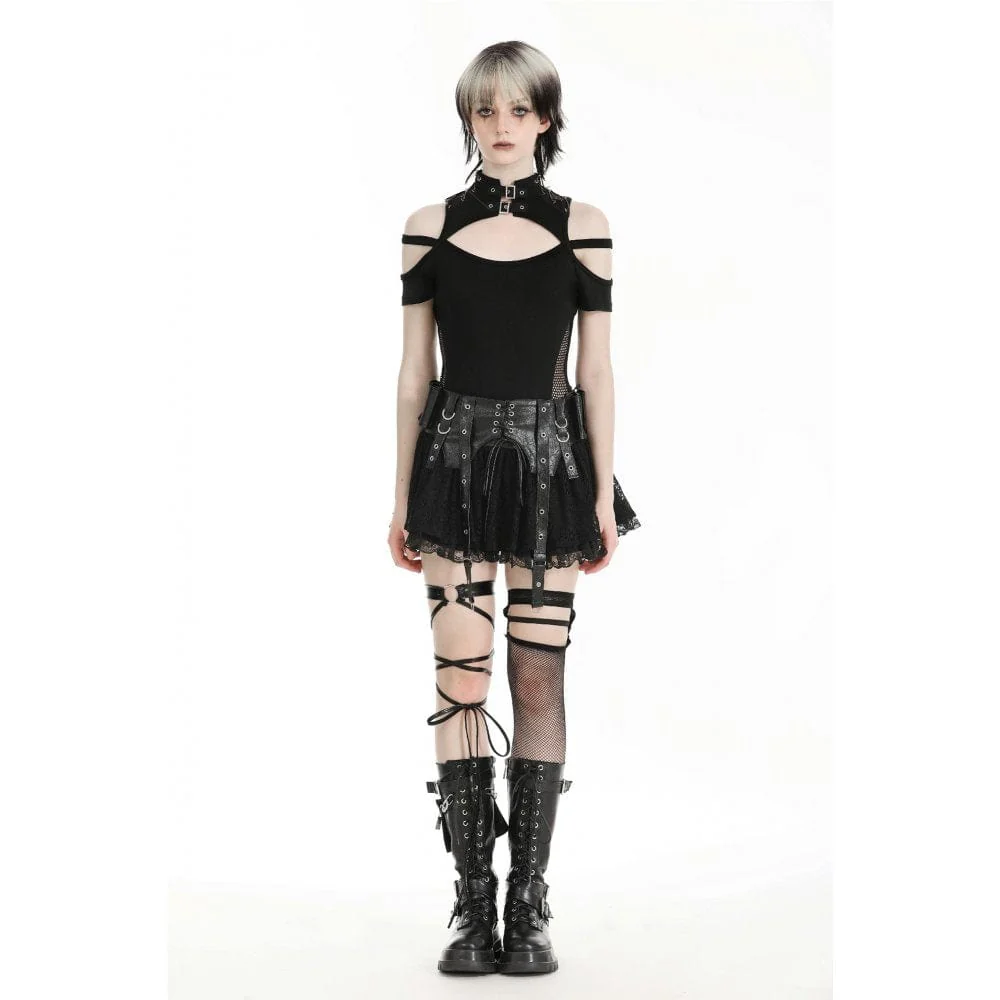 Women's Punk Faux Leather Splice Lace Skirt - Image 2