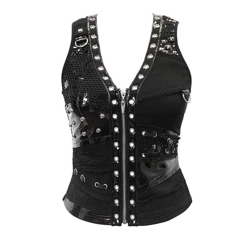 Women's Punk Faux Leather Splicing Mesh Vests With Rivets - Image 4