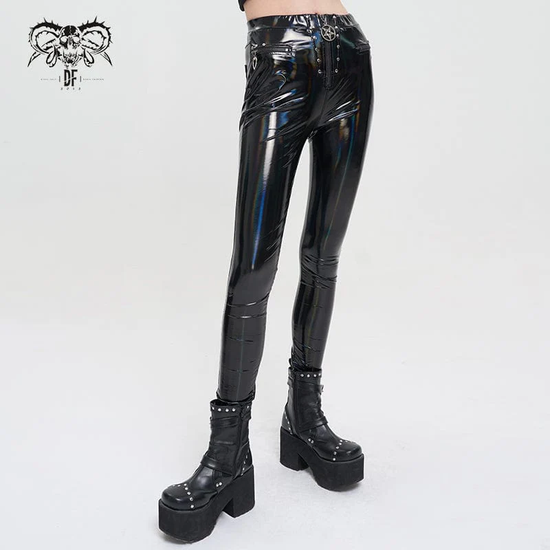 Women's Punk Faux Patent Leather Star Zipper Leggings - Image 2