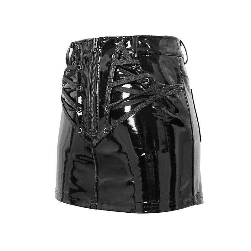 Women's Punk Front-zip Lace-up Faux Leather Skirts - Image 5