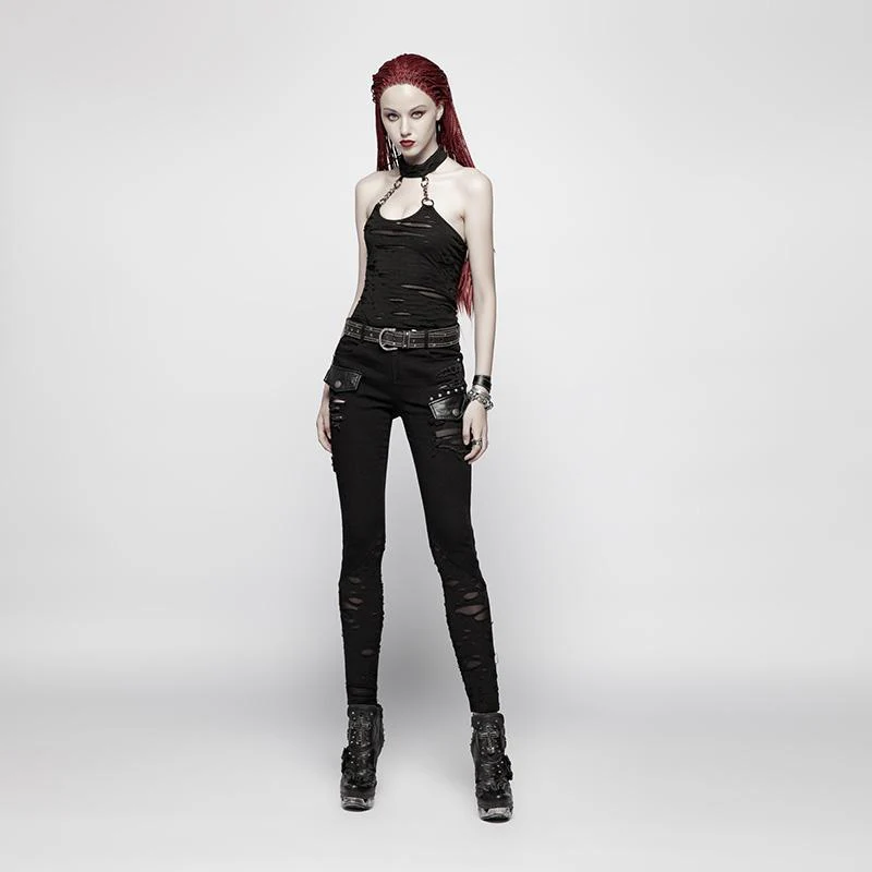 Women's Punk Halter Ripped Backless Black Top - Image 4