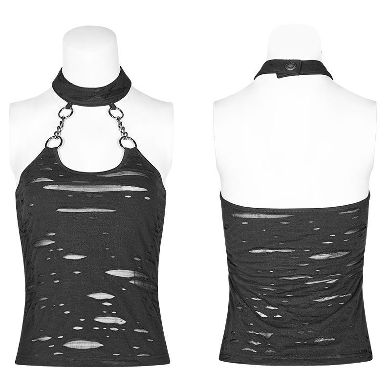 Women's Punk Halter Ripped Backless Black Top - Image 5