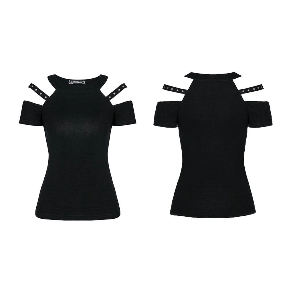 Women's Punk Halterneck Cutout Shoulder Tee With Straps - Image 4
