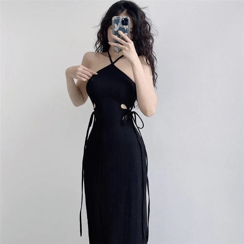 Women's Punk Halterneck Side Lacing-up Long Dress - Image 2