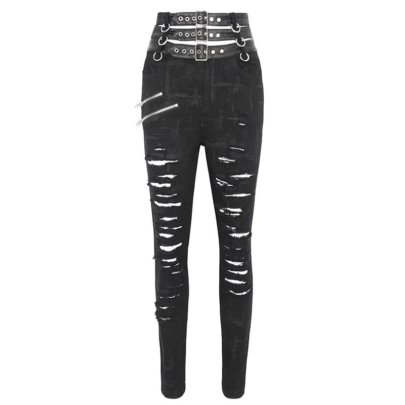 Women's Punk High-waisted Ripped Buckle Pants - Image 6