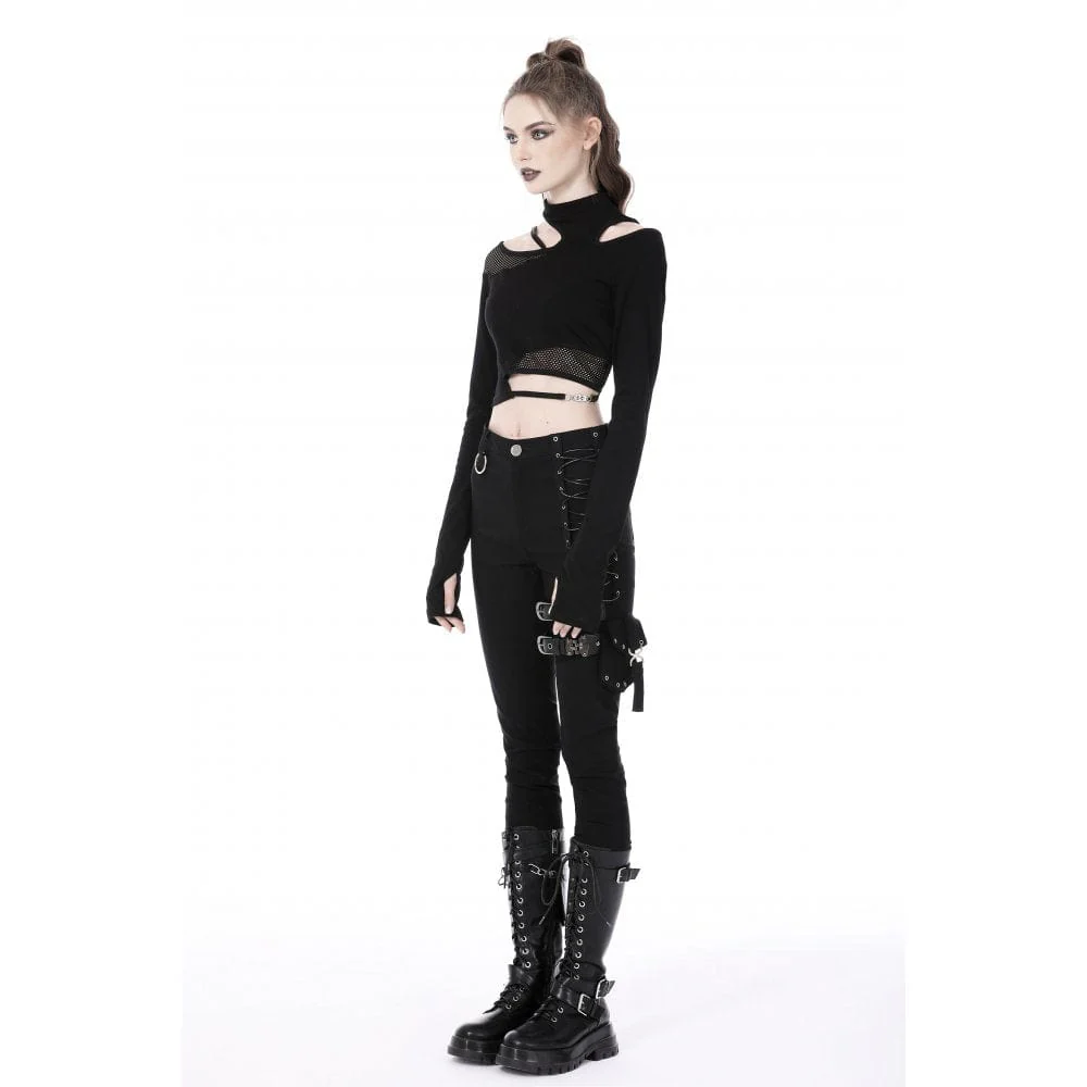 Women's Punk Irregular Cutout Mesh Splice Crop Top - Image 5