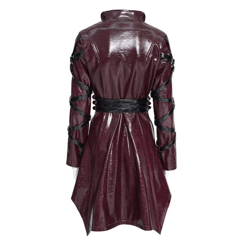 Women's Punk Irregular Eyelets & Rings Turn-down Collar Jacket Black-Red - Image 8