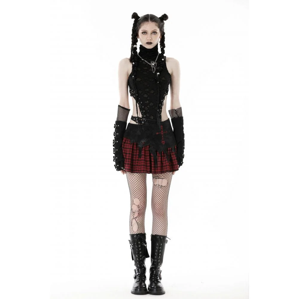 Women's Punk Irregular Faux Leather Splice Plaid Skirt - Image 2