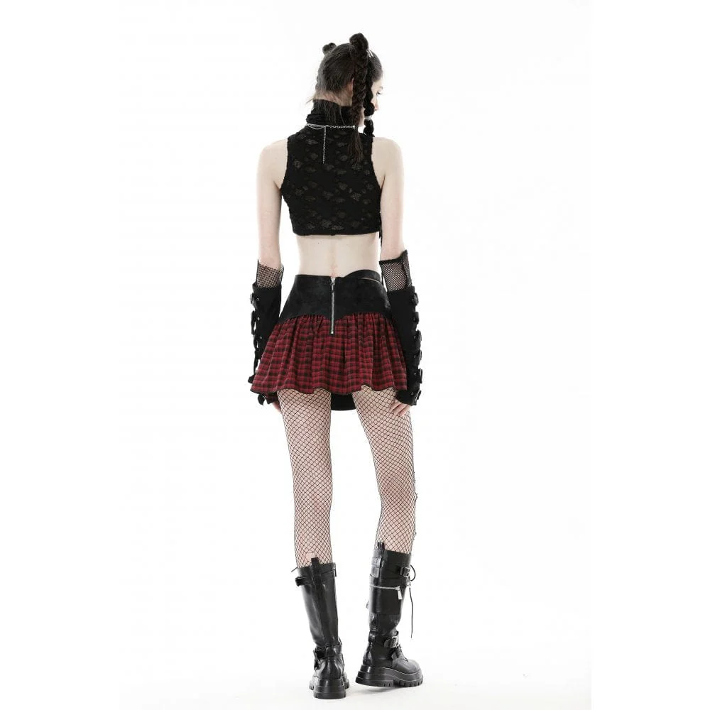 Women's Punk Irregular Faux Leather Splice Plaid Skirt - Image 8