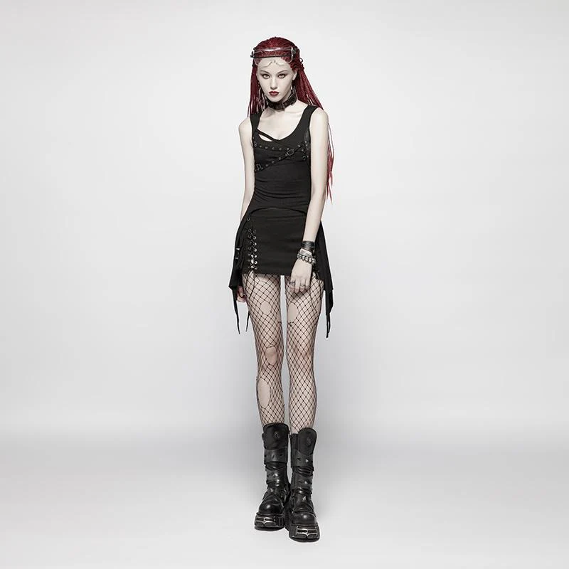 Women's Punk Irregular Hem Black Tank Top - Image 4