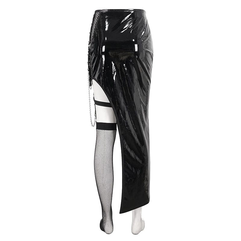 Women's Punk Irregular Patent Leather Skirt with Mesh Stocking - Image 10