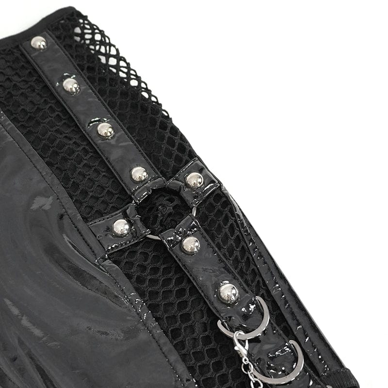 Women's Punk Irregular Patent Leather Skirt with Mesh Stocking - Image 12