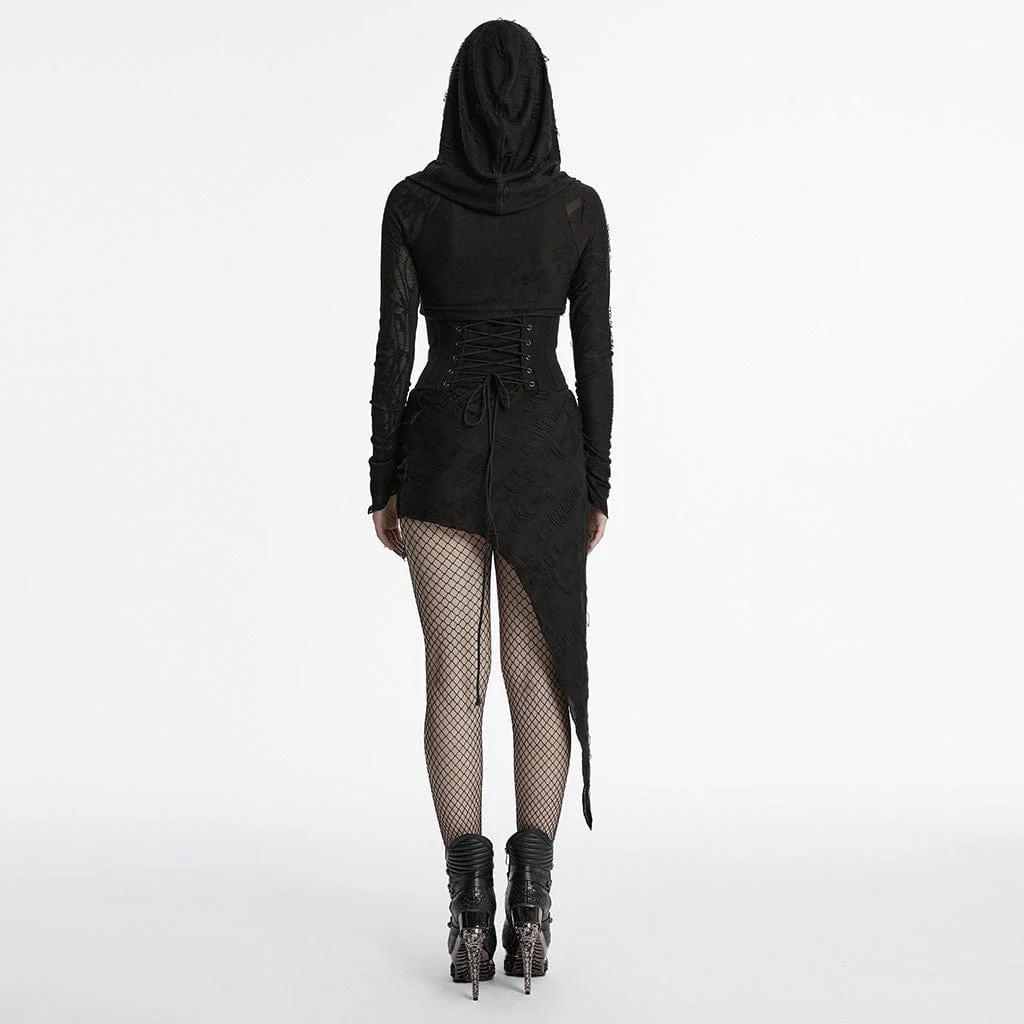Women's Punk Irregular Ripped Music Festival Dress with Hood - Image 3