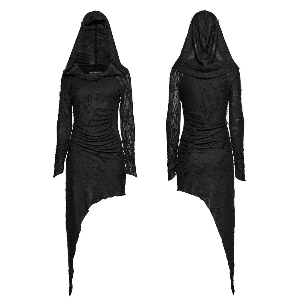 Women's Punk Irregular Ripped Music Festival Dress with Hood - Image 5