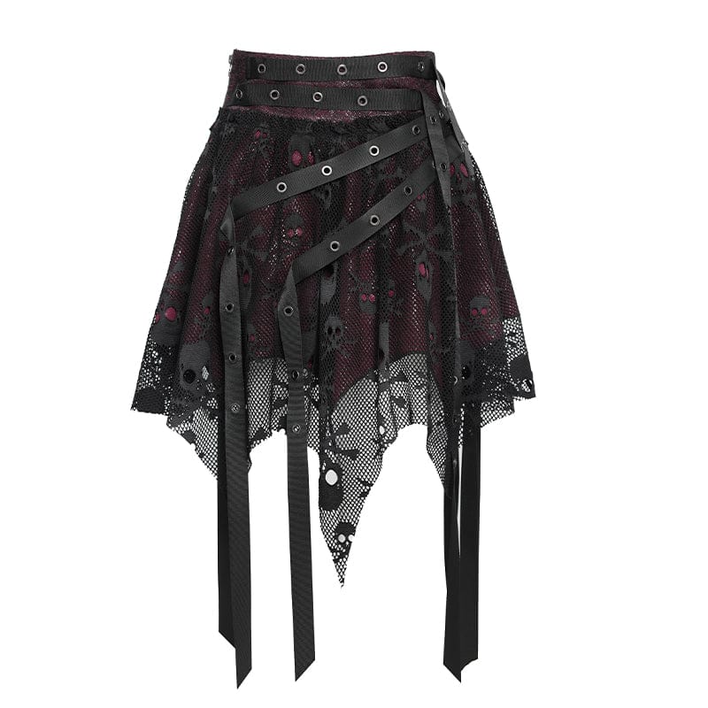 Women's Punk Irregular Skull Eyelet Straps Mesh Skirt Black-Red - Image 10