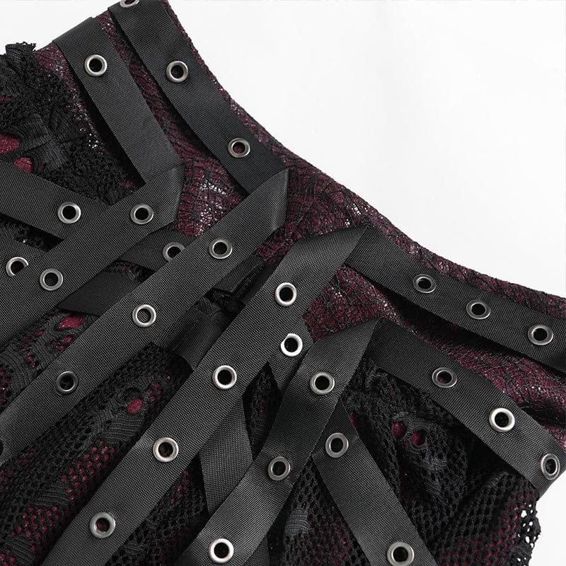Women's Punk Irregular Skull Eyelet Straps Mesh Skirt Black-Red - Image 12