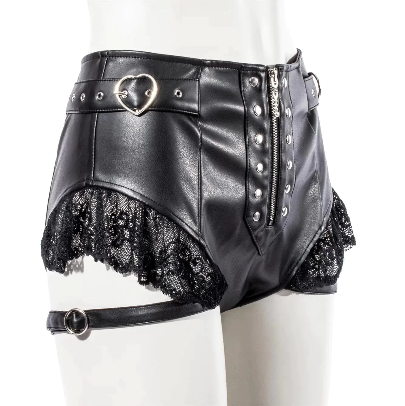 Women's Punk Lace Splice Faux Leather Shorts - Image 8