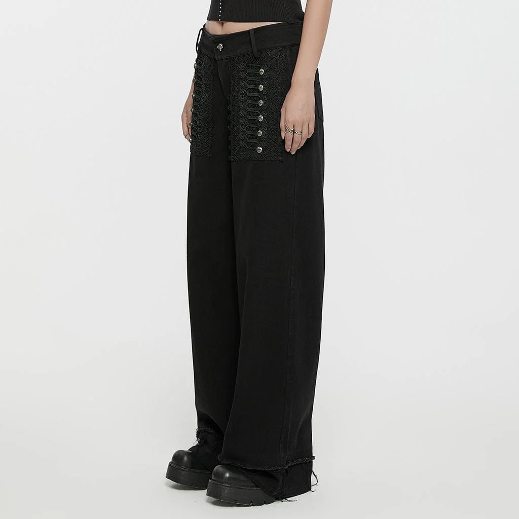 Women's Punk Lace Splice Unedged Denim Pants - Image 2