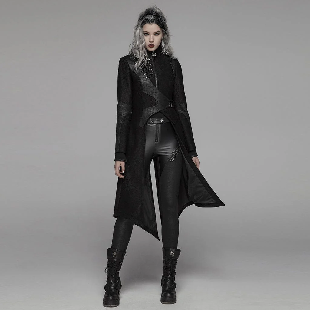 Women's Punk Lace-Up Buckle Faux Leather Long Jacket - Image 2