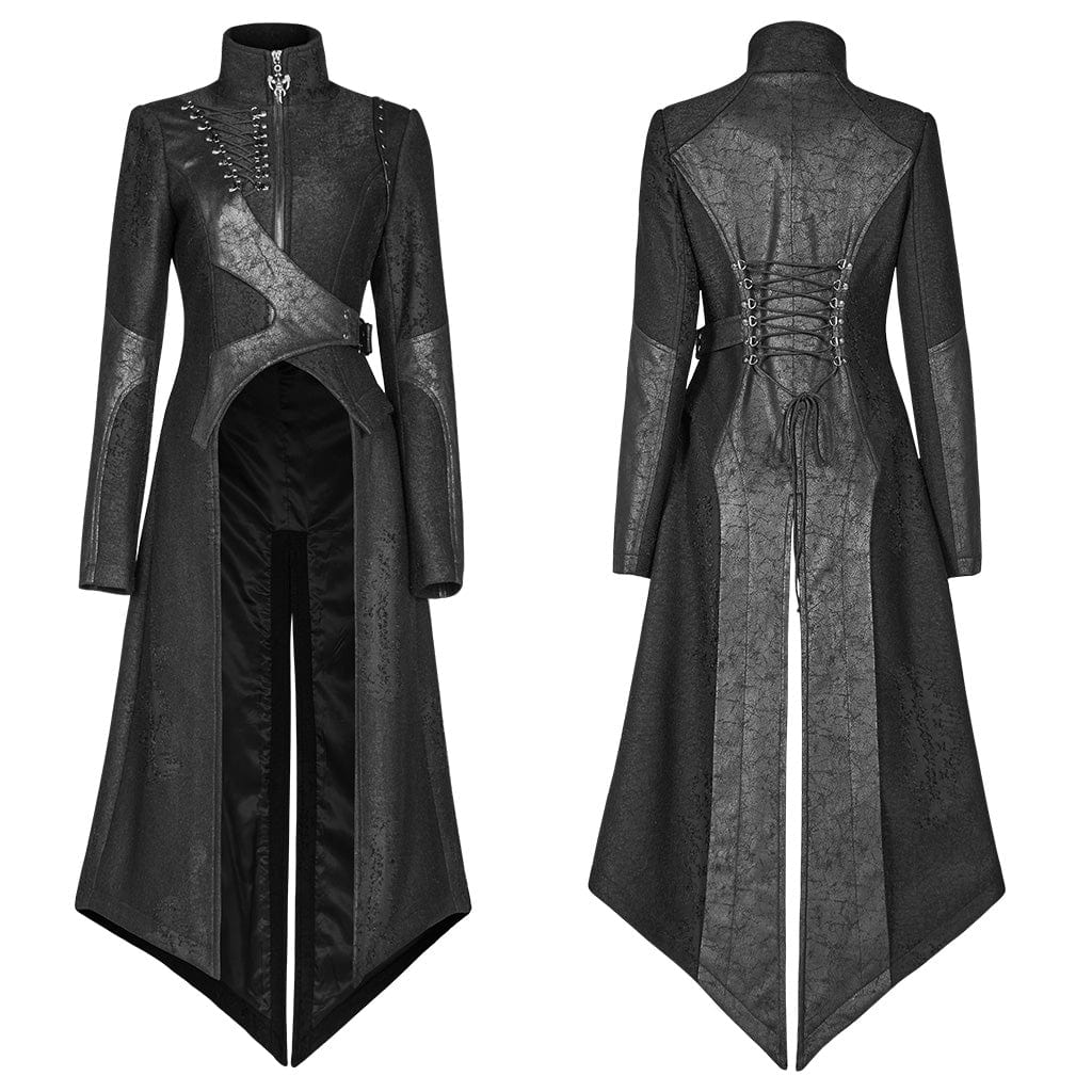 Women's Punk Lace-Up Buckle Faux Leather Long Jacket - Image 5