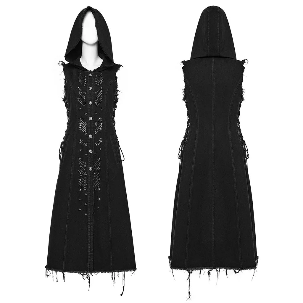 Women's Punk Lace-Up Eyelet Long Vest with Hood - Image 5