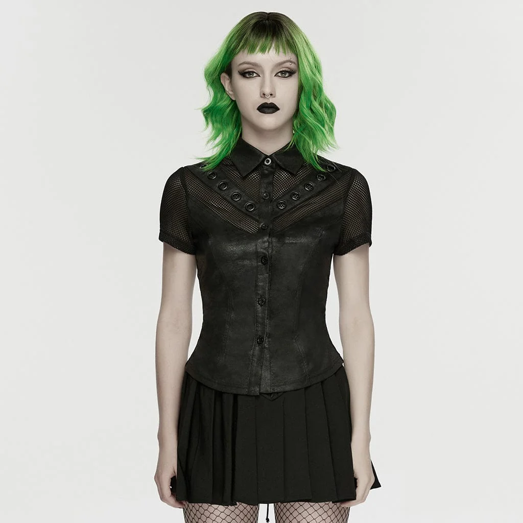 Women's Punk Lace-up Eyelet Mesh Short Sleeved Shirt