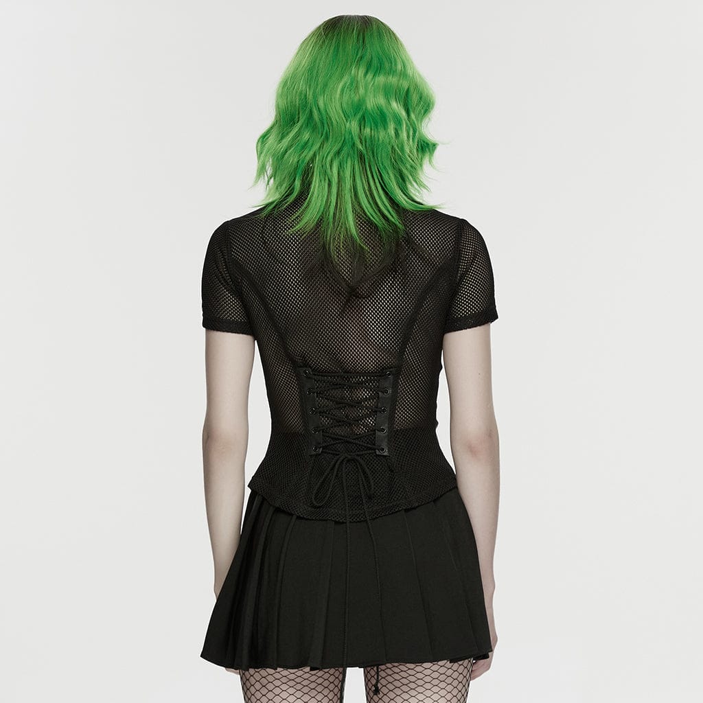 Women's Punk Lace-up Eyelet Mesh Short Sleeved Shirt - Image 3