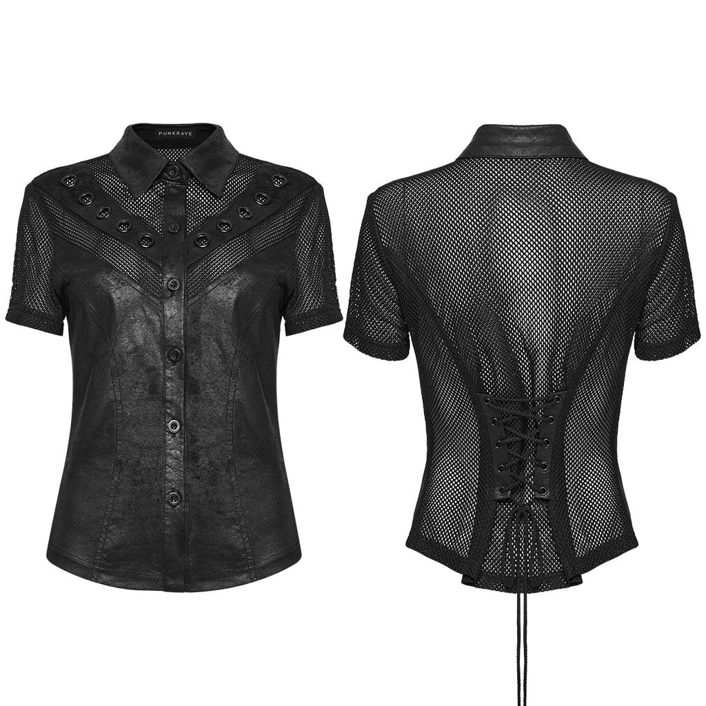 Women's Punk Lace-up Eyelet Mesh Short Sleeved Shirt - Image 5