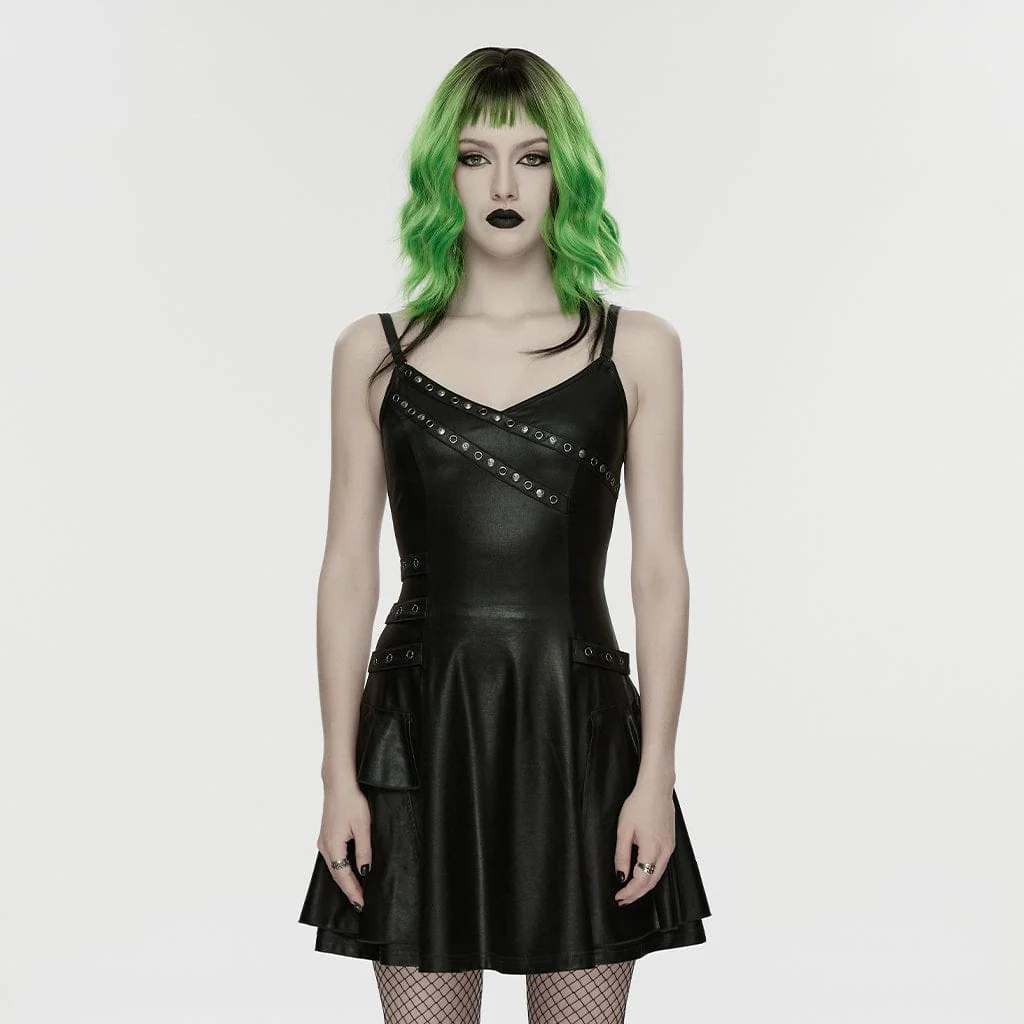 Women's Punk Lace-up Eyelet Strap Slip Dress Graduation Dress