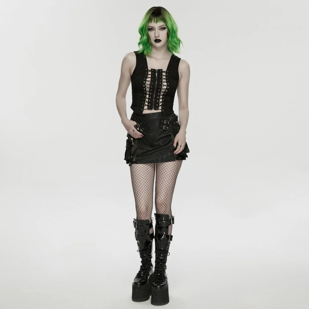Women's Punk Lace-up Hollow Tank Top - Image 4