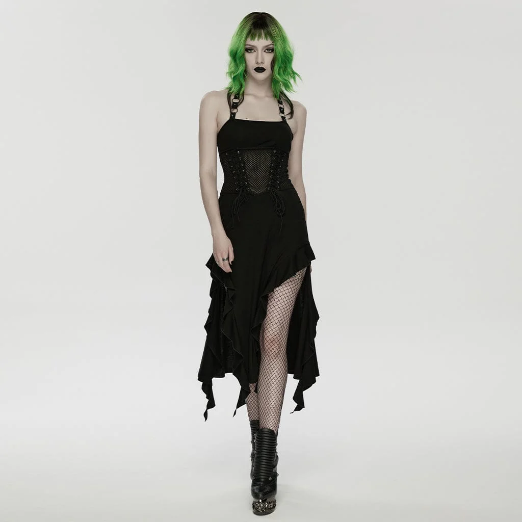 Women's Punk Lace-up Irregular Hem Halterneck Dress