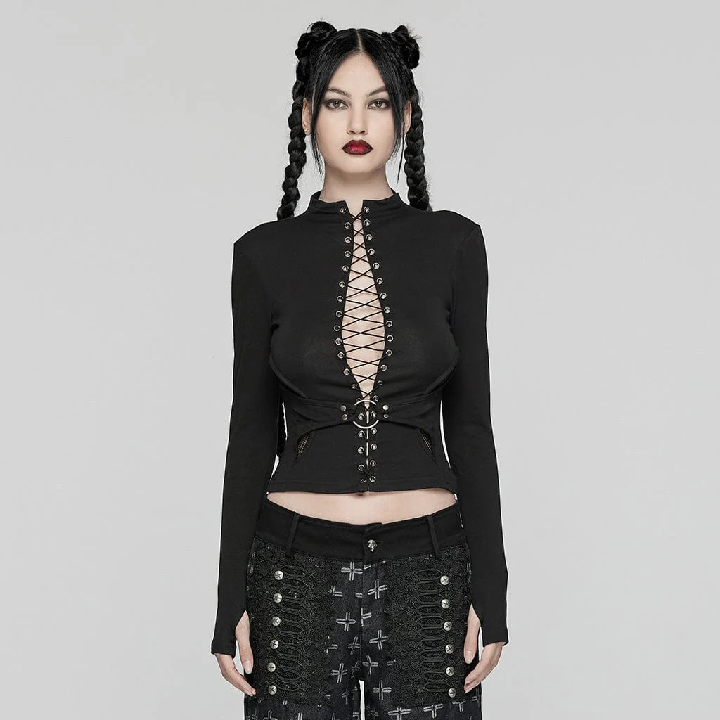 Women's Punk Lace-up Mesh Splice Blouses