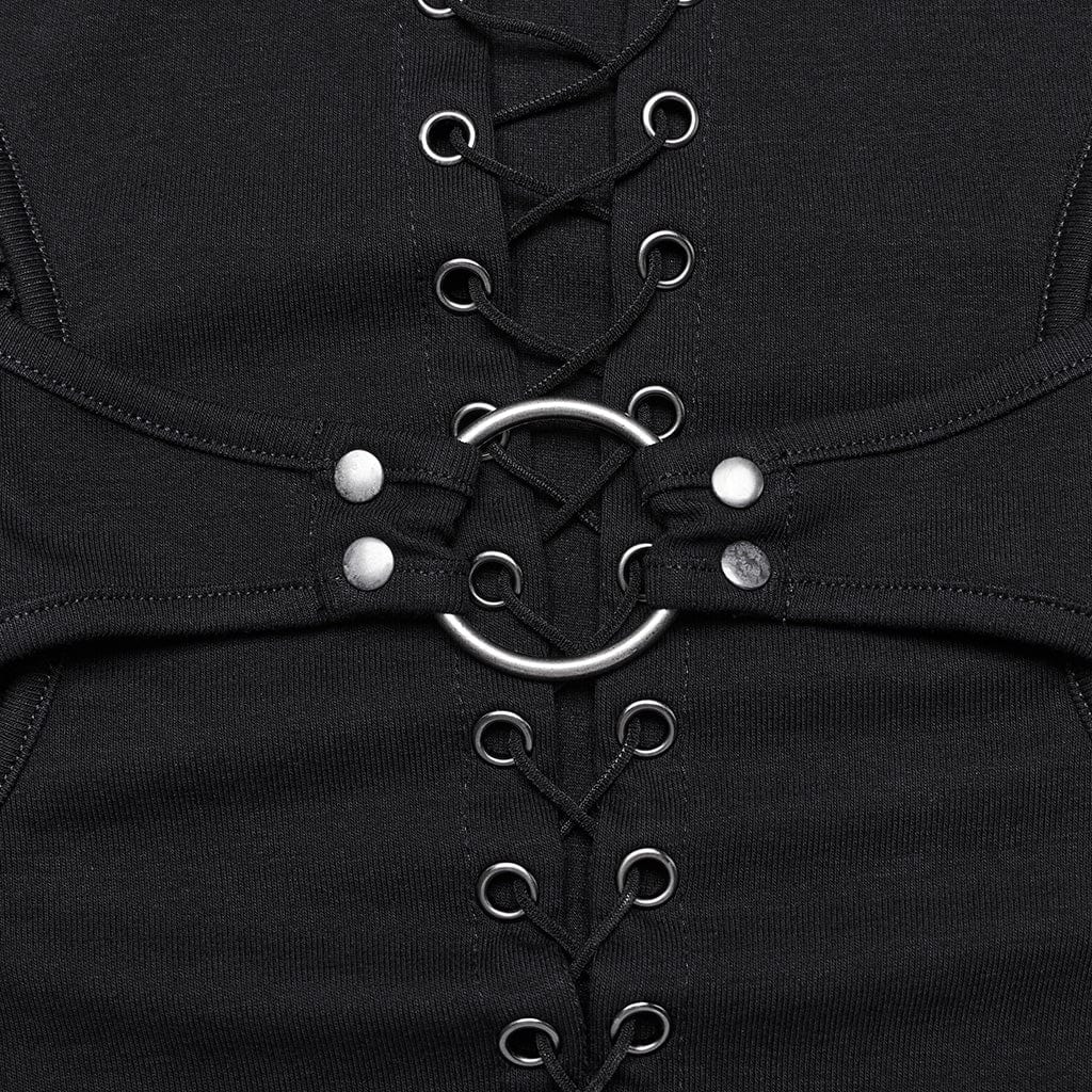 Women's Punk Lace-up Mesh Splice Blouses - Image 6