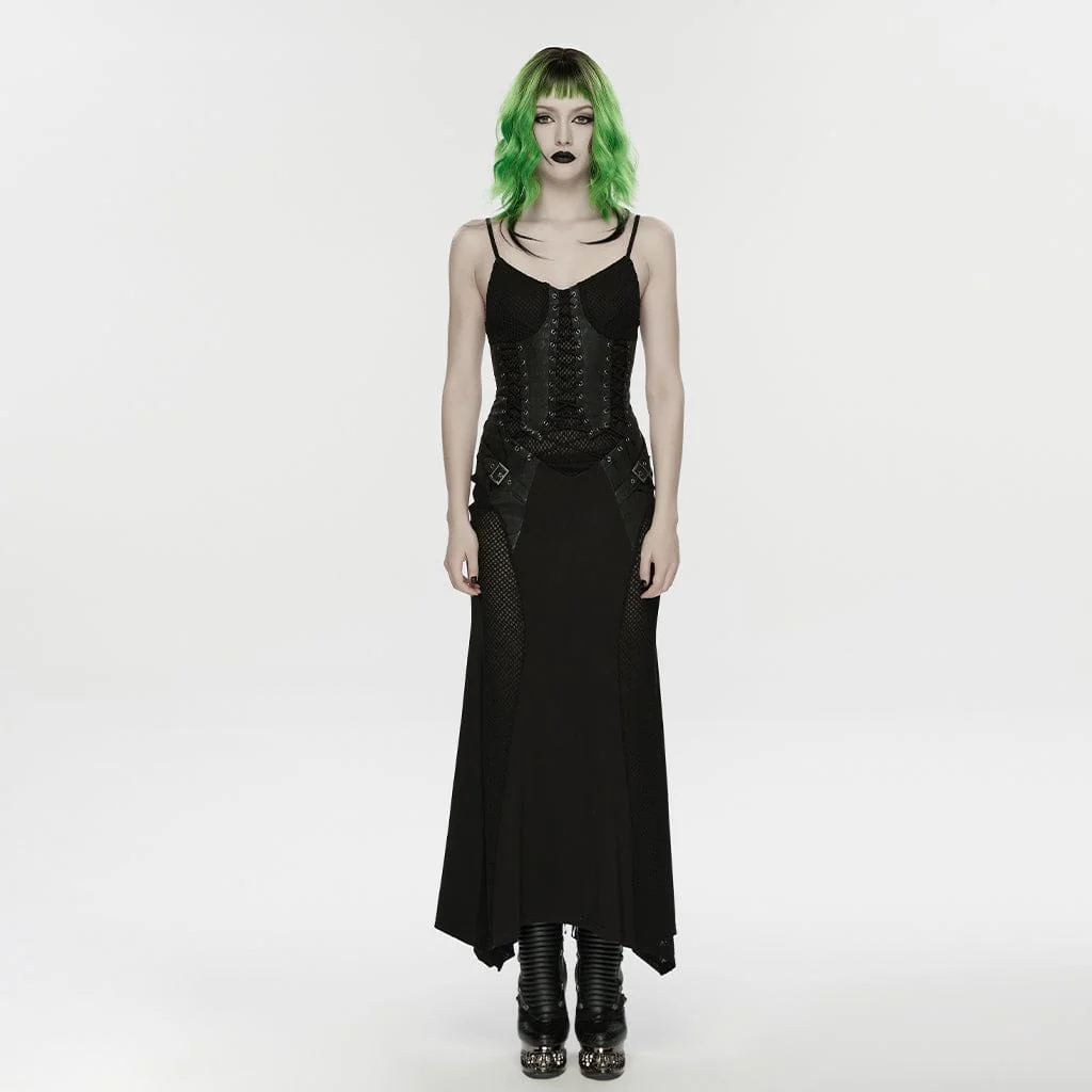 Women's Punk Lace-up Mesh Splice Slip Dress
