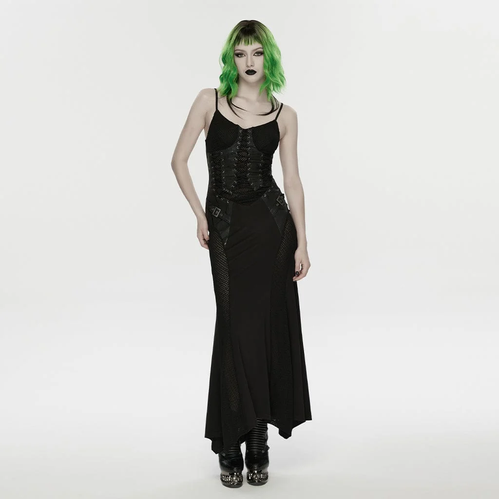 Women's Punk Lace-up Mesh Splice Slip Dress - Image 4