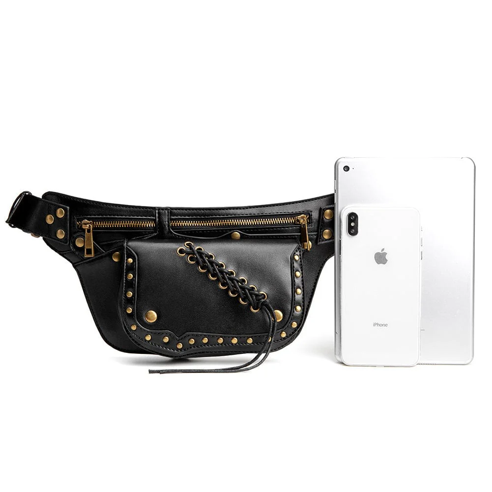 Women's Punk Lacing-up Metal Nails Waist Bag - Image 7