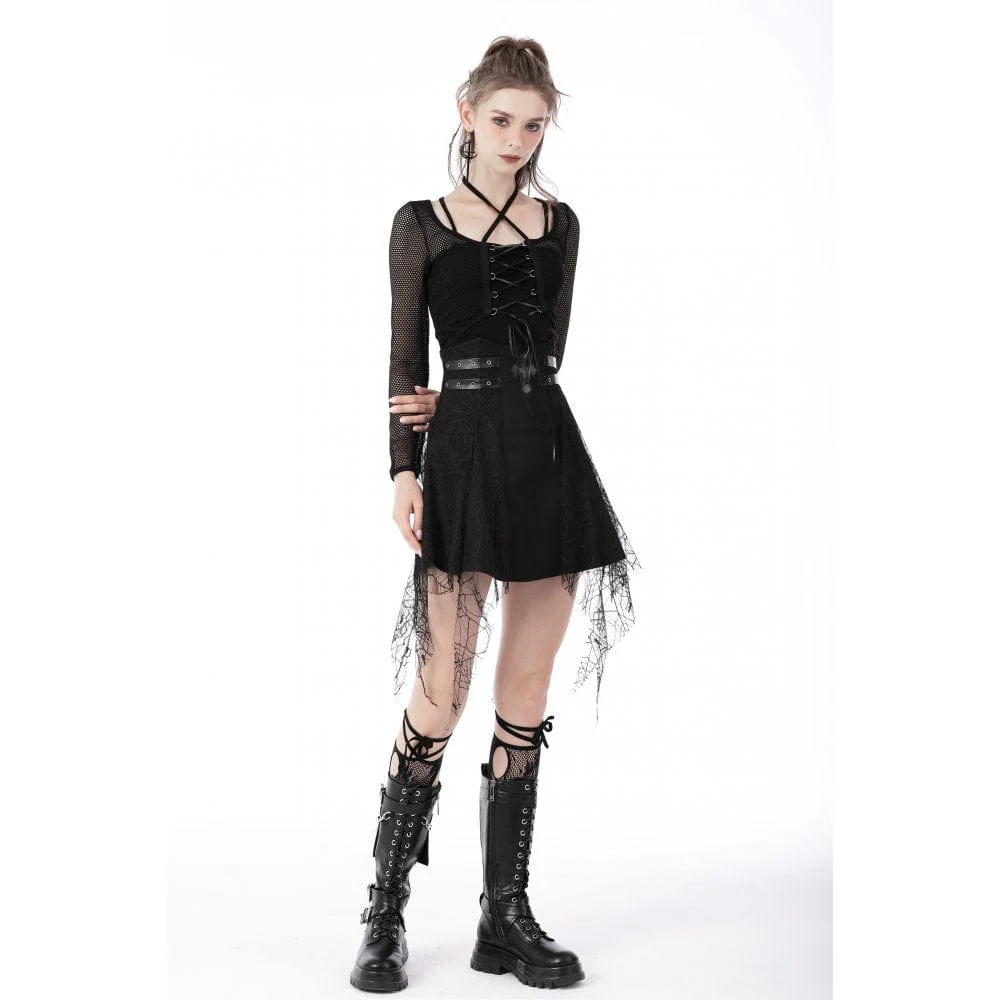 Women's Punk Lacing-up Sheer Long Sleeved Mesh Top - Image 3