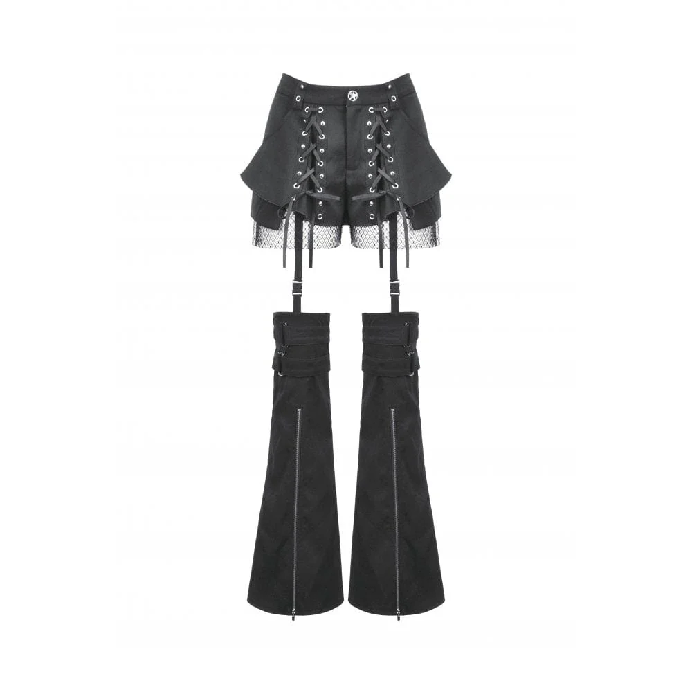 Women's Punk Lacing-up Shorts with Removable Zipper Leg Warmers - Image 14