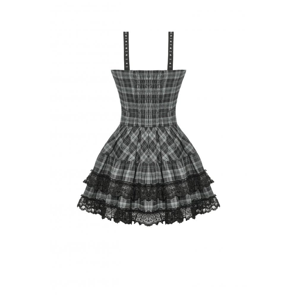 Women's Punk Layered Lace Hem Plaid Party Slip Dress Graduation Dress - Image 13