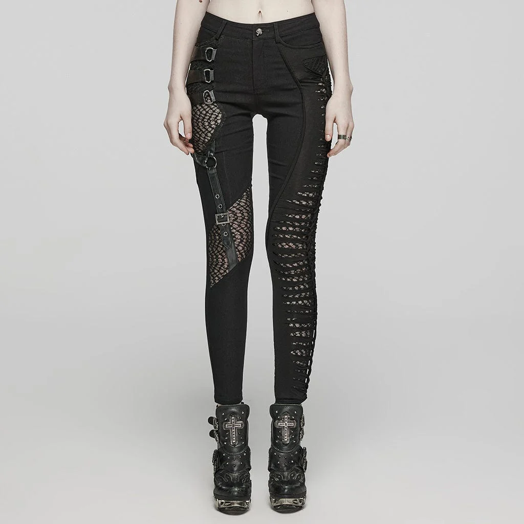 Women's Punk Mesh Buckle Spaghetti Strap Pants