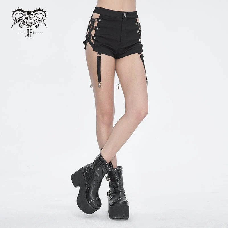 Women's Punk Mesh Cutout Buckle Stud Shorts - Image 2